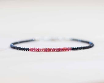 Padparadscha Sapphire Bracelet with Black Spinel, Skinny Pink Orange Red Beaded Stacking Bracelet, Sterling Silver Rose Gold Filled