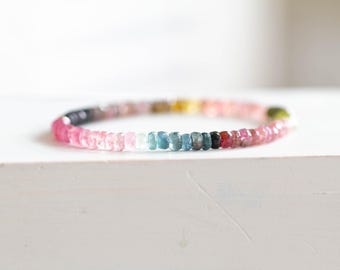 Multi Tourmaline Stretch Bracelet: Sterling Silver, Gold Filled or Solid 14k Gold