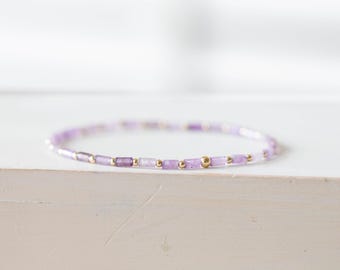 Amethyst Tube Bead Stretch Bracelet: Sterling Silver, Yellow or Rose Gold Filled