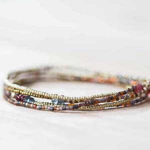 Stretch Bracelet with Garnet & Moss Aquamarine, Delicate Beaded Seed Bead Necklace, Seed Bead Jewelry, Boho Chic Multi Wrap Bracelet