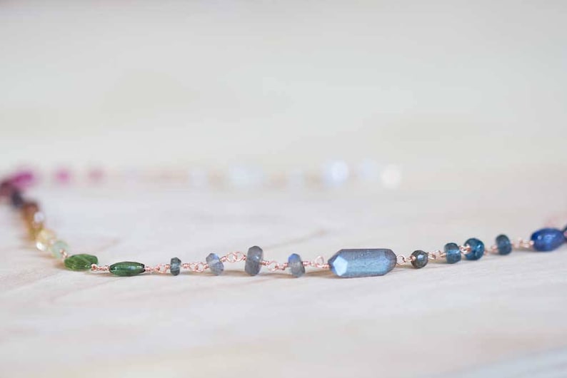 Multi Gemstone Wire Wrapped Necklace, Rainbow Ombre Gemstones, Sterling Silver or Rose Gold Filled, Tourmaline Labradorite Moonstone Kyanite image 4