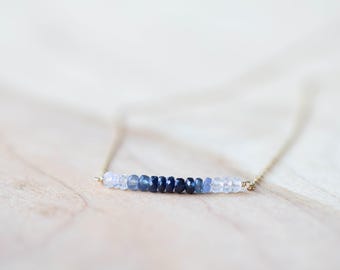 Sapphire and Rainbow Moonstone Necklace, Delicate Shaded Beaded Gemstone Ombre Jewelry, September June Birthstone, Sterling Silver Rose Gold