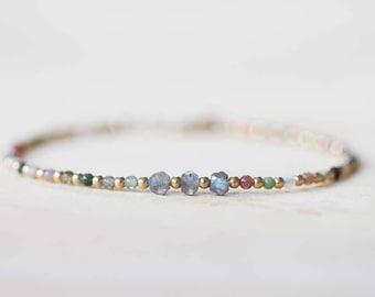 Delicate Multi Colored Agate Bracelet with Labradorite, Skinny Beaded Bracelet, Agate Jewelry, Sterling Silver Rose Gold Filled, Tiny Beads