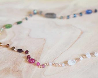 Multi Gemstone Wire Wrapped Necklace, Rainbow Ombre Gemstones, Sterling Silver or Rose Gold Filled, Tourmaline Labradorite Moonstone Kyanite