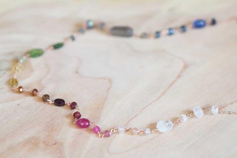 Multi Gemstone Wire Wrapped Necklace, Rainbow Ombre Gemstones, Sterling Silver or Rose Gold Filled, Tourmaline Labradorite Moonstone Kyanite image 1