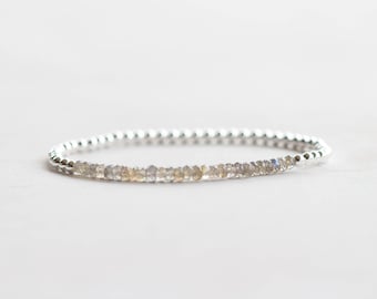 Labradorite Stretch Bracelet, Sterling Silver or Rose Gold Fill, Beaded Dainty Labradorite Jewelry, Elastic Stacking Bracelet