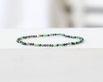 Ruby Zoisite Stretch Bracelet, Delicate Beaded Natural Gemstone Jewelry, Genuine Tiny Faceted Gemstones