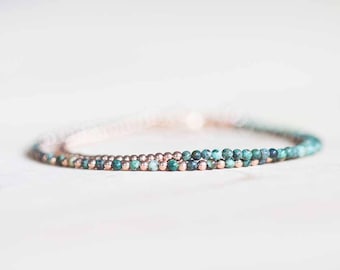 African Turquoise Bracelet with Sterling Silver or Rose Gold Filled, Dainty Green Jasper Jewelry, Beaded Bracelet Set