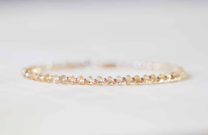 Citrine Bracelet with Rose Gold Fill or Sterling Silver, Delicate Gemstone Beaded Stacking Bracelet, Citrine Jewelry, November Birthstone image 1
