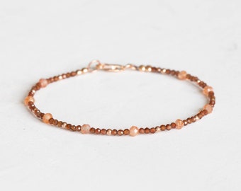 Dainty Brown Zircon Bracelet with Sunstone, Delicate Multi Gemstone Beaded Jewelry