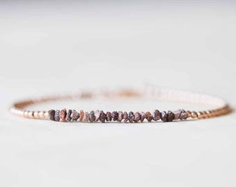 Rough Diamond Bracelet with Rose Gold Fill or Sterling Silver, Delicate Red Brown Diamond Beaded Bracelet, Raw April Birthstone Jewelry