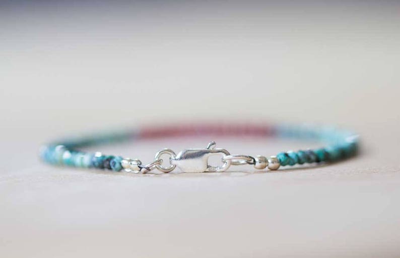 Dainty Turquoise & Ruby Bracelet, Delicate Beaded Multi Gemstone Jewelry, December July Genuine Birthstone image 6