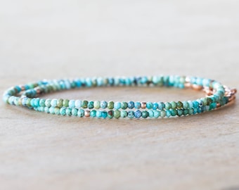 Genuine Turquoise Beaded Necklace or Multi Wrap Bracelet, Dainty Rose Gold Filled or Sterling Silver Jewelry