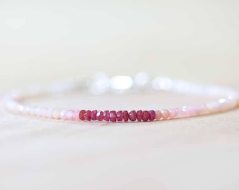 Pink Opal & Ruby Bracelet, Delicate Beaded Multi Gemstone Bracelet, Red and Pink Genuine Gemstone Jewelry, October July Birthstone