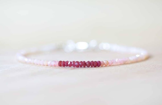 Pink Opal & Ruby Bracelet, Delicate Beaded Multi Gemstone Bracelet, Red and Pink Genuine Gemstone Jewelry, October July Birthstone