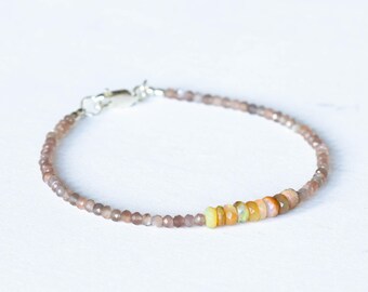 Chocolate Moonstone & Golden Ethiopian Welo Opal Bracelet, Citrine Jewelry, Multi Gemstone Stacking Sterling Silver Rose Gold Fill