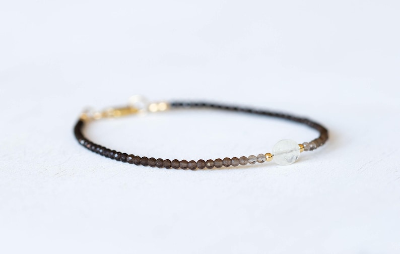 Smoky Quartz Bracelet with Rainbow Moonstone, Dainty Beaded Shaded Ombre Jewelry image 2