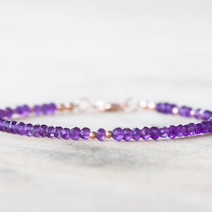 Amethyst Bracelet, Beaded February Birthstone Jewelry, Delicate Purple Gemstones, Sterling Silver or Rose Gold Filled