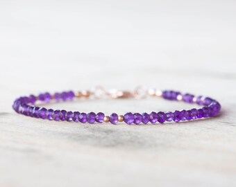 Amethyst Bracelet, Beaded February Birthstone Jewelry, Delicate Purple Gemstones, Sterling Silver or Rose Gold Filled