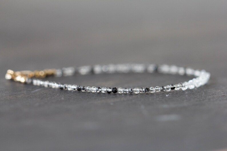 Dainty Rutilated Quartz Bracelet with Herkimer Diamonds, Tiny Double Terminated Quartz Jewelry, Dainty Clear Black Gemstones image 2
