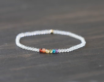 Gemstone Stretch Chakra Bracelet: Dainty Beaded Rainbow Jewelry
