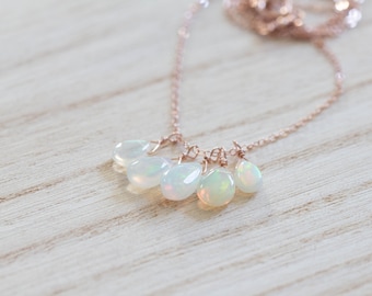 Opal Cluster Pendant on Gold Filled or Sterling Silver Chain, Delicate Ethiopian Welo Opal Necklace, October Birthstone Jewelry, Rose Gold