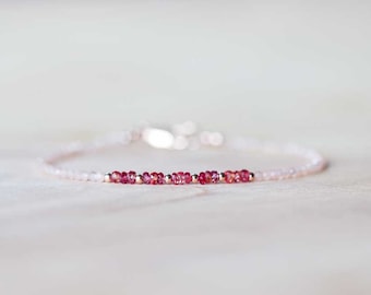 Padparadscha Sapphire & Peach Moonstone Bracelet, Delicate Beaded Red Sapphire Jewelry, Sterling Silver Rose Gold Filled