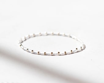Clear Quartz Tube Bead Stretch Bracelet: Beaded Quartz with Sterling Silver, Yellow or Rose Gold Filled