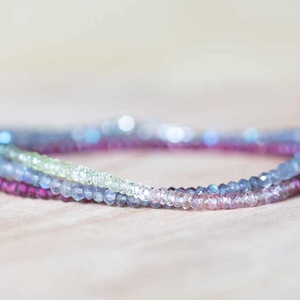 Labradorite, Garnet & Sapphire Beaded Multi Wrap Bracelet, Multi Gemstone Triple Wrap Bracelet, Delicate Multi Color Sapphire Ombre Jewelry