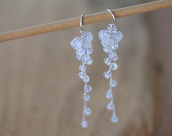 Rainbow Moonstone Cluster Dangle Earrings, Delicate Sterling Silver or Rose Gold Filled Bridal Jewelry
