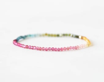 Tourmaline Stretch Bracelet, Delicate Beaded Shaded Watermelon Petro Colors, Elastic Stacking Jewelry, Rose Gold Fill or Sterling Silver