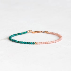 Rhodochrosite & Chrysocolla Bracelet, Delicate Pink Gemstone Beaded Jewelry, Small Micro Faceted Beads, Rose Gold Fill or Sterling Silver