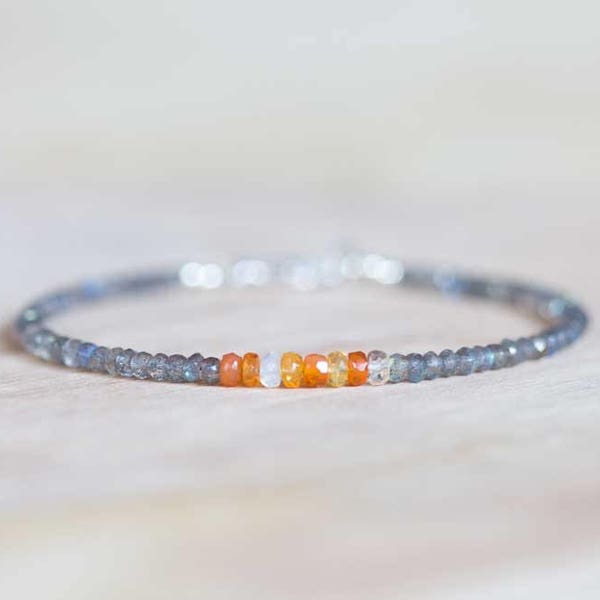 Labradorite & Mexican Fire Opal Bracelet, Delicate Multi Gemstone Stacking Skinny Bracelet, Mexican Fire Opal Jewelry, Sterling Silver