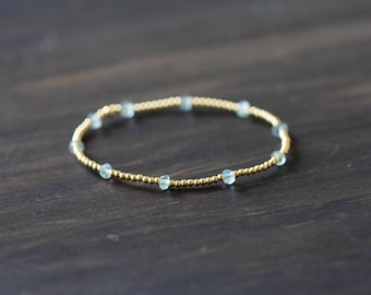 Aquamarine Stretch Bracelet: Sterling Silver, Yellow or Rose Gold Filled Beads