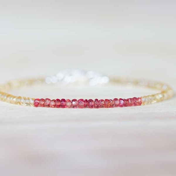 Padparadscha Sapphire & Citrine Bracelet, Délicat Perlé Rouge Saphir Bijoux, Argent Sterling Rose Gold Rempli