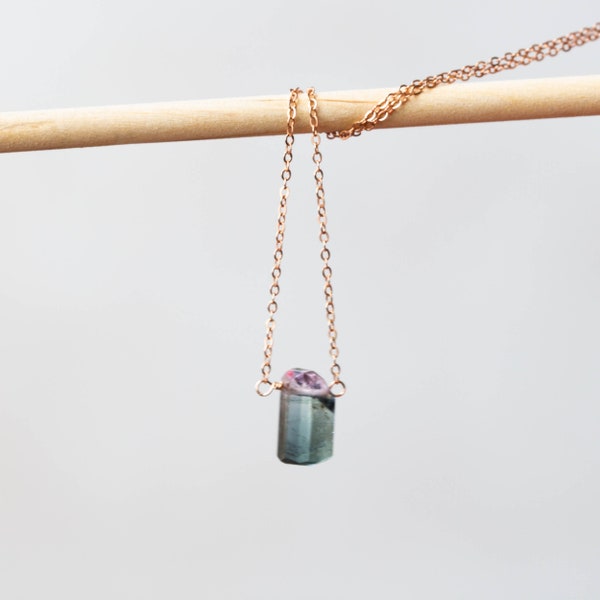 Bicolor Tourmaline Crystal Necklace on Sterling Silver, Oxidized Silver or Rose Gold Filled Chain, Raw Watermelon Tourmaline Jewelry