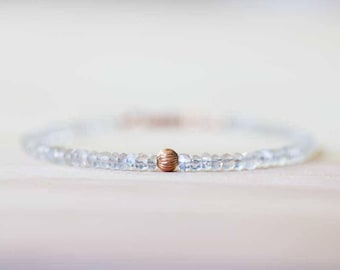 Ceylon Moonstone Bracelet with Rose Gold Filled or Sterling Silver, Beaded Moonstone Jewelry, White Gemstone Stacking, June Birthstone