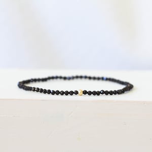 Dainty Black Tourmaline Stretch Bracelet: Tiny Gemstone Beads with Sterling Silver, Yellow or Rose Gold Filled