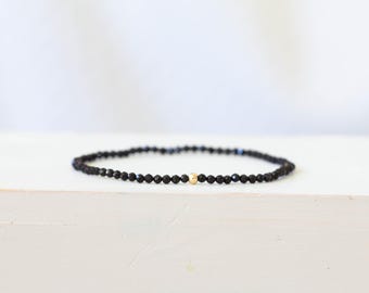 Dainty Black Tourmaline Stretch Bracelet: Tiny Gemstone Beads with Sterling Silver, Yellow or Rose Gold Filled