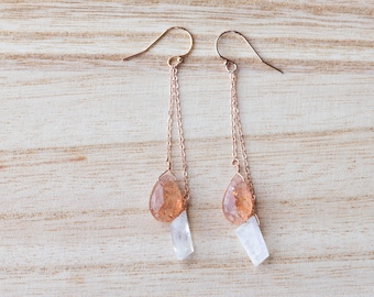 Sunstone & Moonstone Earrings on Rose Gold Filled or Sterling Silver Earwire, Long Gemstone Dangles, Rainbow Moonstone Jewelry