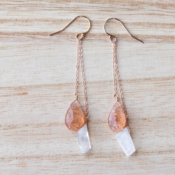 Sunstone & Moonstone Earrings on Rose Gold Filled or Sterling Silver Earwire, Long Gemstone Dangles, Rainbow Moonstone Jewelry