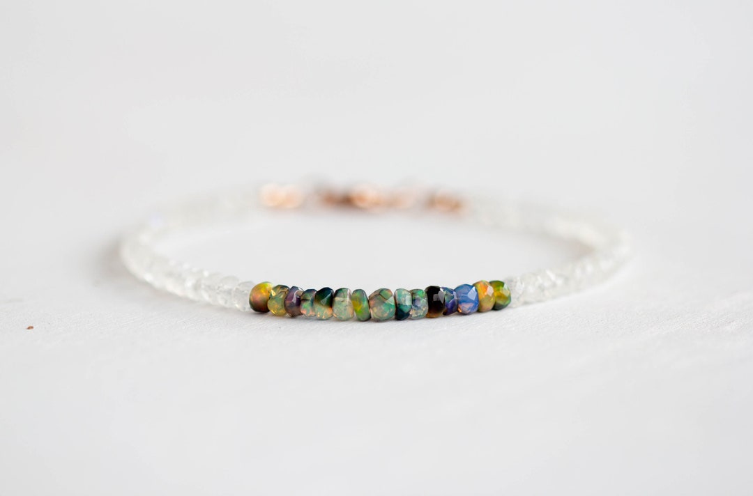 Rainbow Moonstone & Ethiopian Opal Bracelet, Multi Gemstone Sterling ...