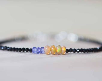 Black Spinel Bracelet with Tanzanite & Golden Opal, Tiny Black Gemstone Skinny Stacking Bracelet, Tiny Faceted Beads Delicate Jewelry