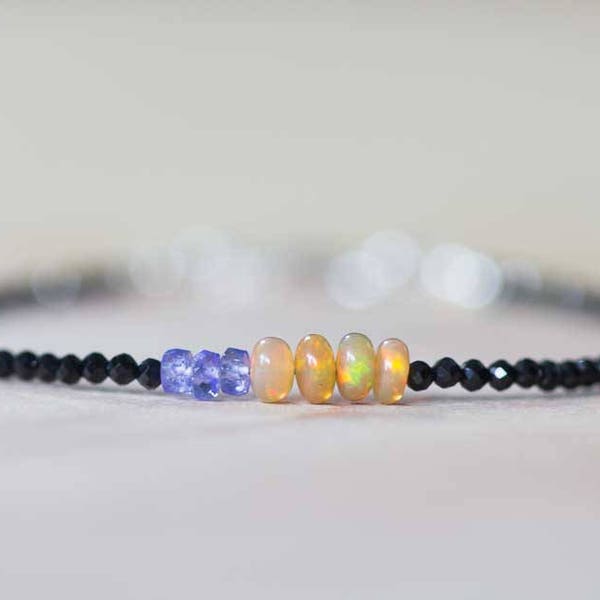 Black Spinel Bracelet with Tanzanite & Golden Opal, Tiny Black Gemstone Skinny Stacking Bracelet, Tiny Faceted Beads Delicate Jewelry