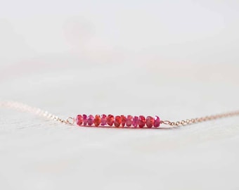 Padparadscha Necklace on Sterling Silver or Rose Gold Filled, Delicate Genuine Orange Pink Sapphire Bar Necklace, Oxidized Sterling Silver