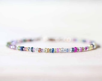 Multi Color Sapphire Bracelet: Dainty Beaded September Birthstone Jewelry with Sterling Silver, Yellow or Rose Gold Filled