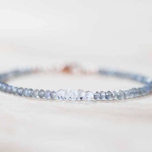 Labradorite & Herkimer Diamond Bracelet, Delicate Quartz Crystal Jewelry, Beaded Labradorite Bracelet, Rose Gold Fill or Sterling Silver