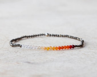 Pyrite & Mexican Fire Opal Stretch Bracelet, Delicate Beaded Minimal Gemstone Jewelry, Claspless Elastic