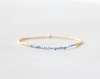 Soft Blue Sapphire Stretch Bracelet with Sterling Silver or Rose Gold Fill, Beaded Ultra Dainty Stacking Bracelet