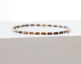 Tiger Eye Tube Bead Stretch Bracelet: Beaded Tiger's Eye with Sterling Silver, Yellow or Rose Gold Filled